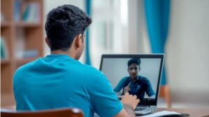 CA student attending an online class and asking doubts to a teacher.