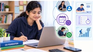 A CA Foundation student studies online with books and notes, supported by visuals