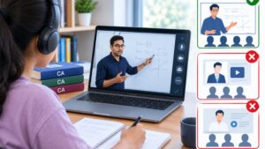 A student attends an online demo lecture on a laptop, comparing a live instructor
