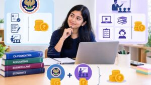 A CA student reviews study materials on a laptop, with visual comparisons of official ICAI fees