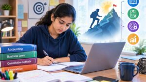 CA exam preparation as a mountain-climbing journey, symbolizing effort, problem-solving, and progress toward success.