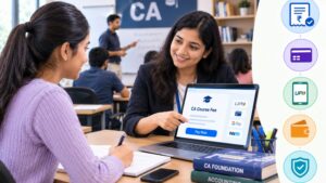 a student paying CA coaching fees to an admissions counselor in a classroom setting.