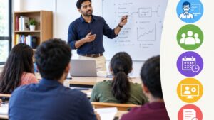 A teacher explains concepts on a whiteboard to attentive students in a classroom