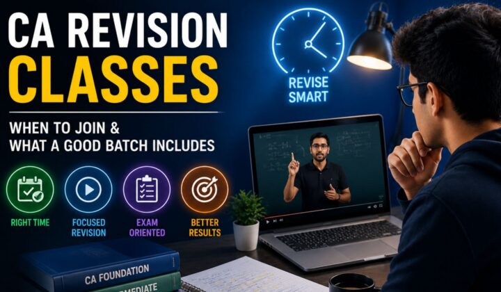 CA revision classes with a student attending an online revision session, featuring CA Foundation